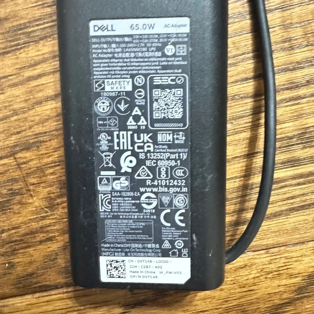 Dell 65W USB-C‎ AC Adapter Laptop Charger LA65NM190 0VT148 Black Power Supply